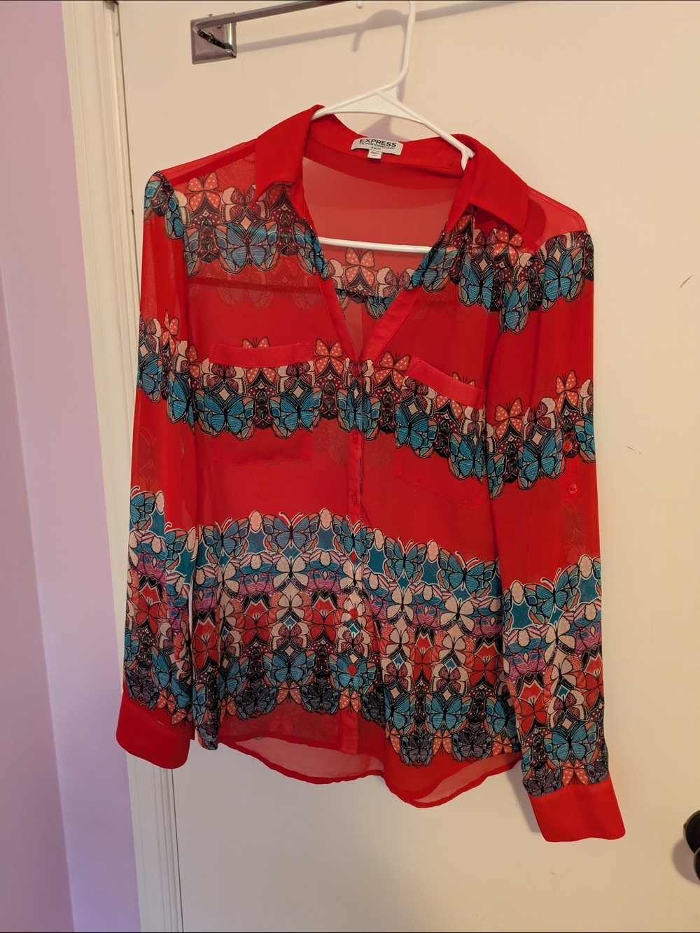 Express Red Sheer Floral-Stripe Blouse S/P